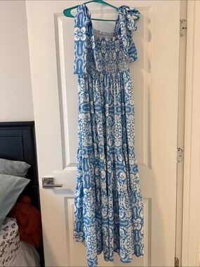 Blue and White Printed Tie-Shoulder Maxi Dress